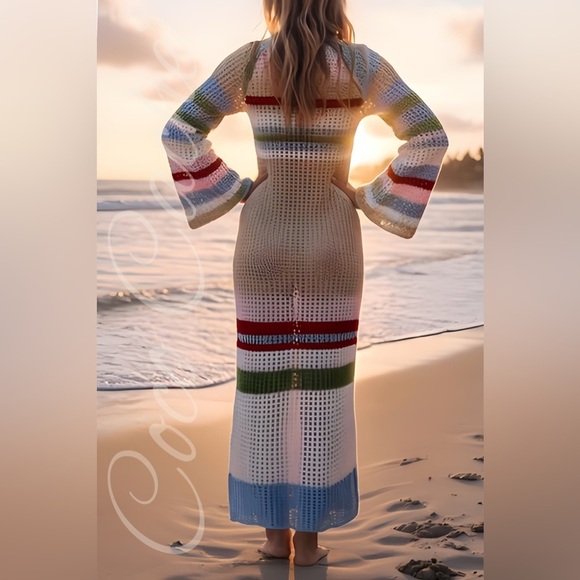 Casual Bohemian Crochet Long Sleeves Color Block Swimsuit Coverup Midi Dress - Picture 2 of 7